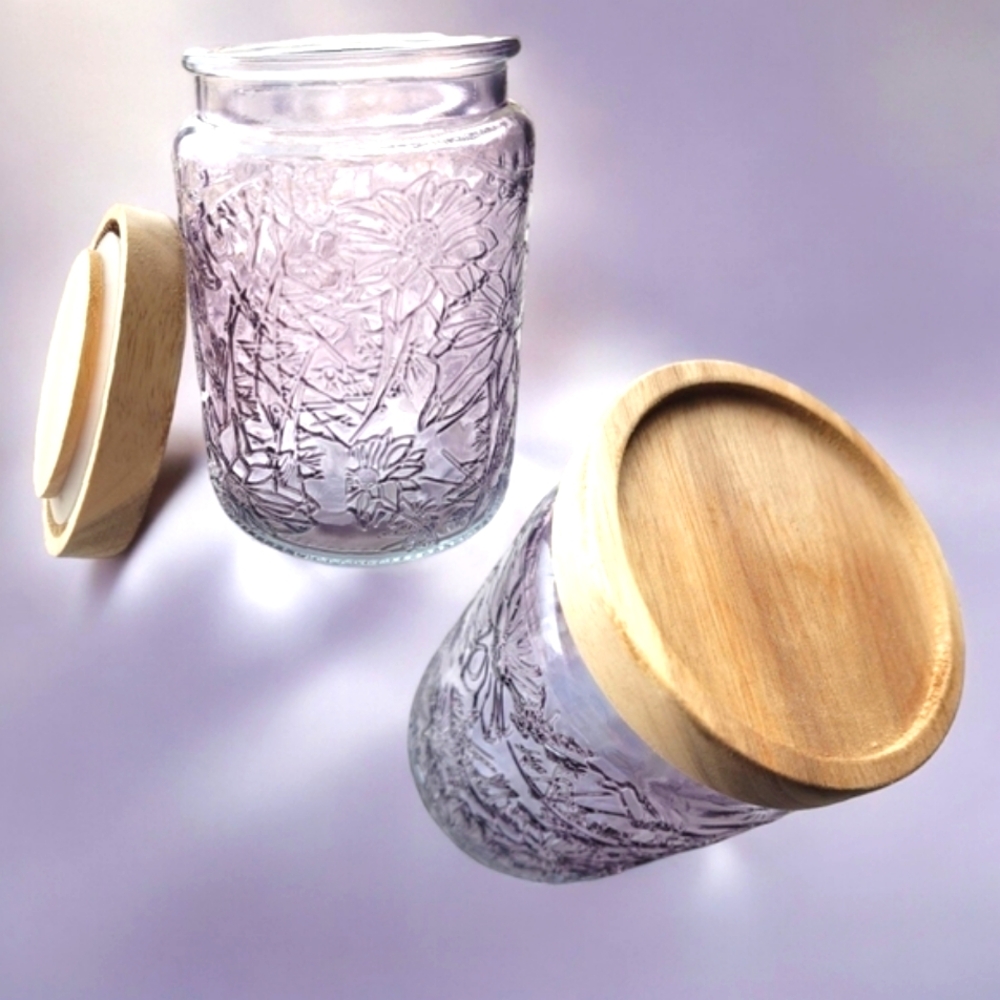 🆕️ Set of 2 Lilac Floral Acacia Wood Lids, Textured Glass Storage Jars - NWT